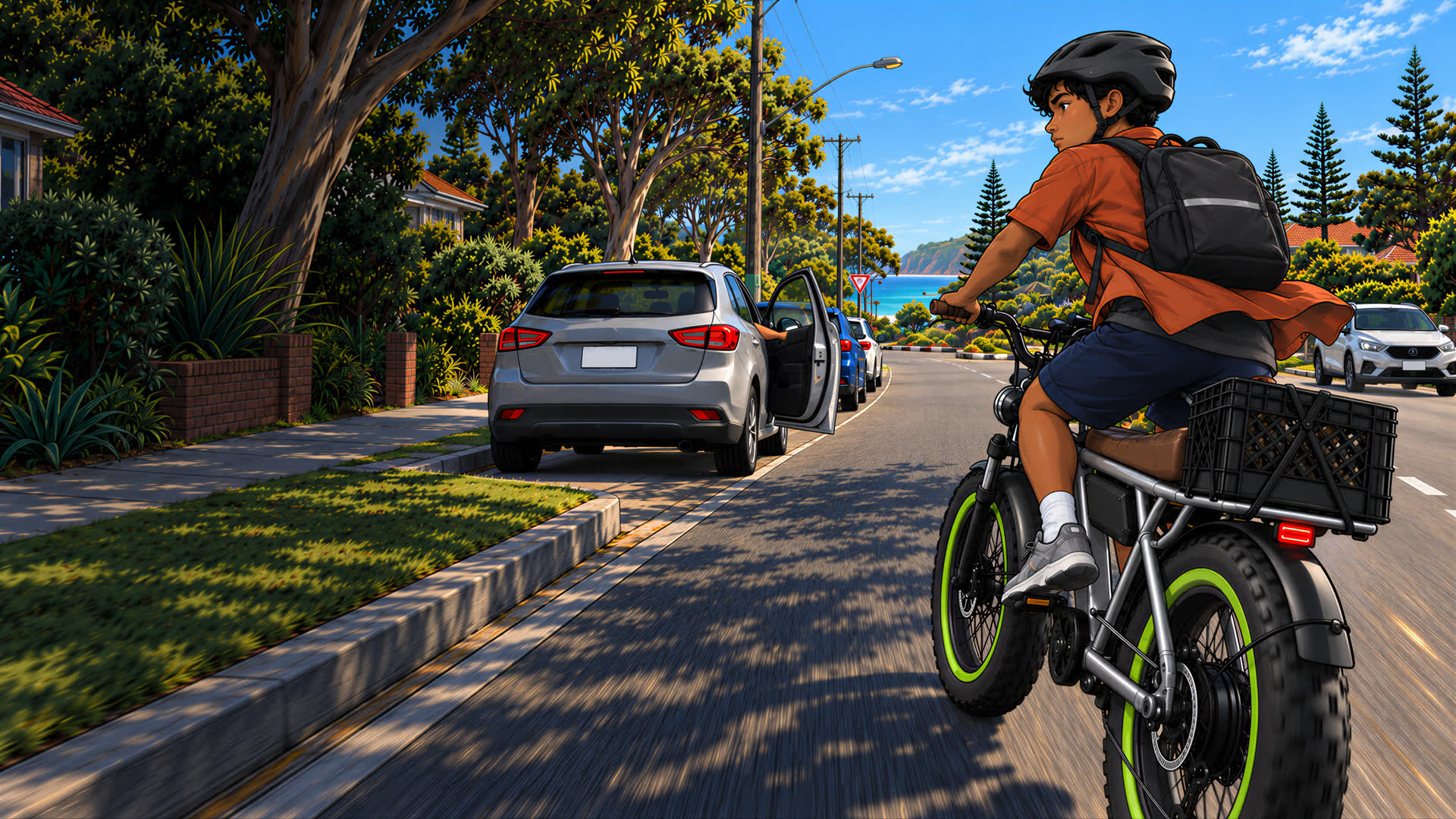 A helmeted teen riding an e-bike past a parked car with an open door